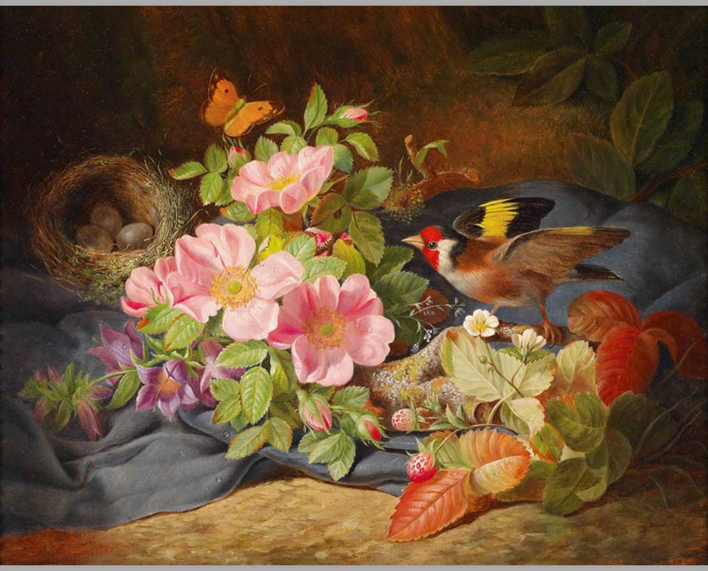 13 Цветочный натюрморт с щеглом и гнездом