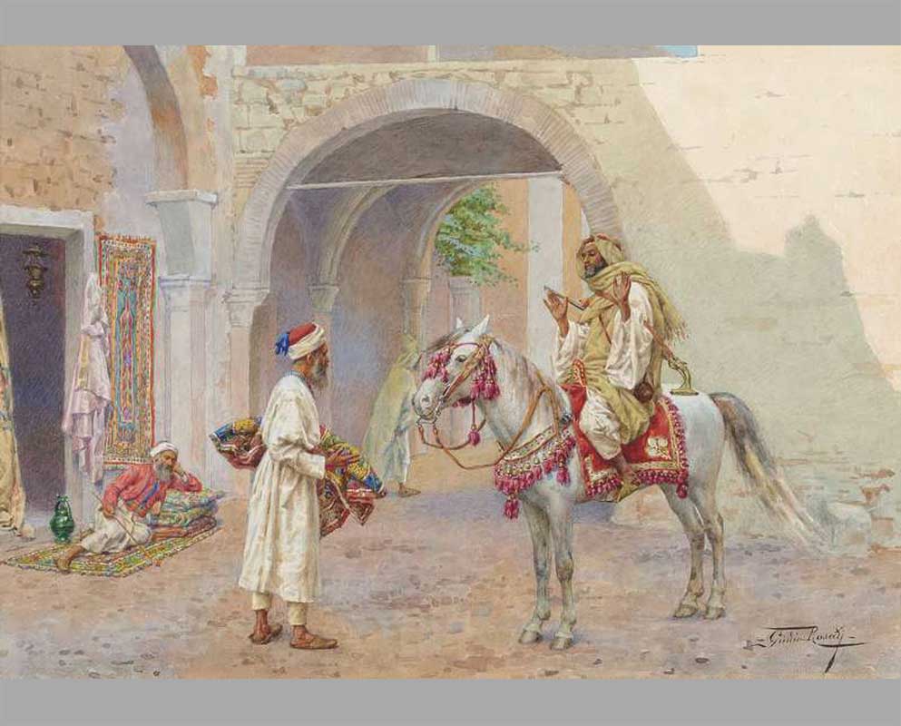 18 Арабский всадник беседует с торговцем коврами