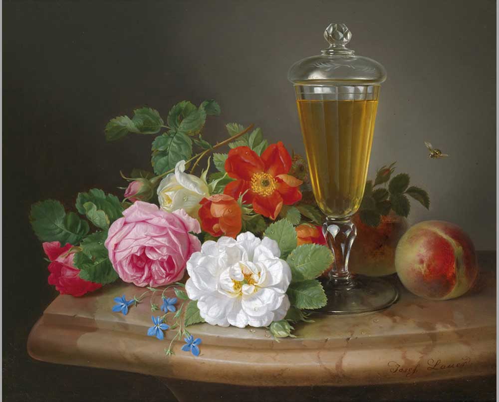 68 Йозеф Лауэр Натюрморт с розами, персиками и кубком вина