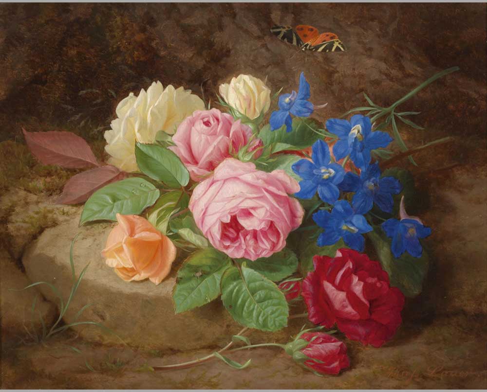 77 Йозеф Лауэр Натюрморт с цветами и бабочкой